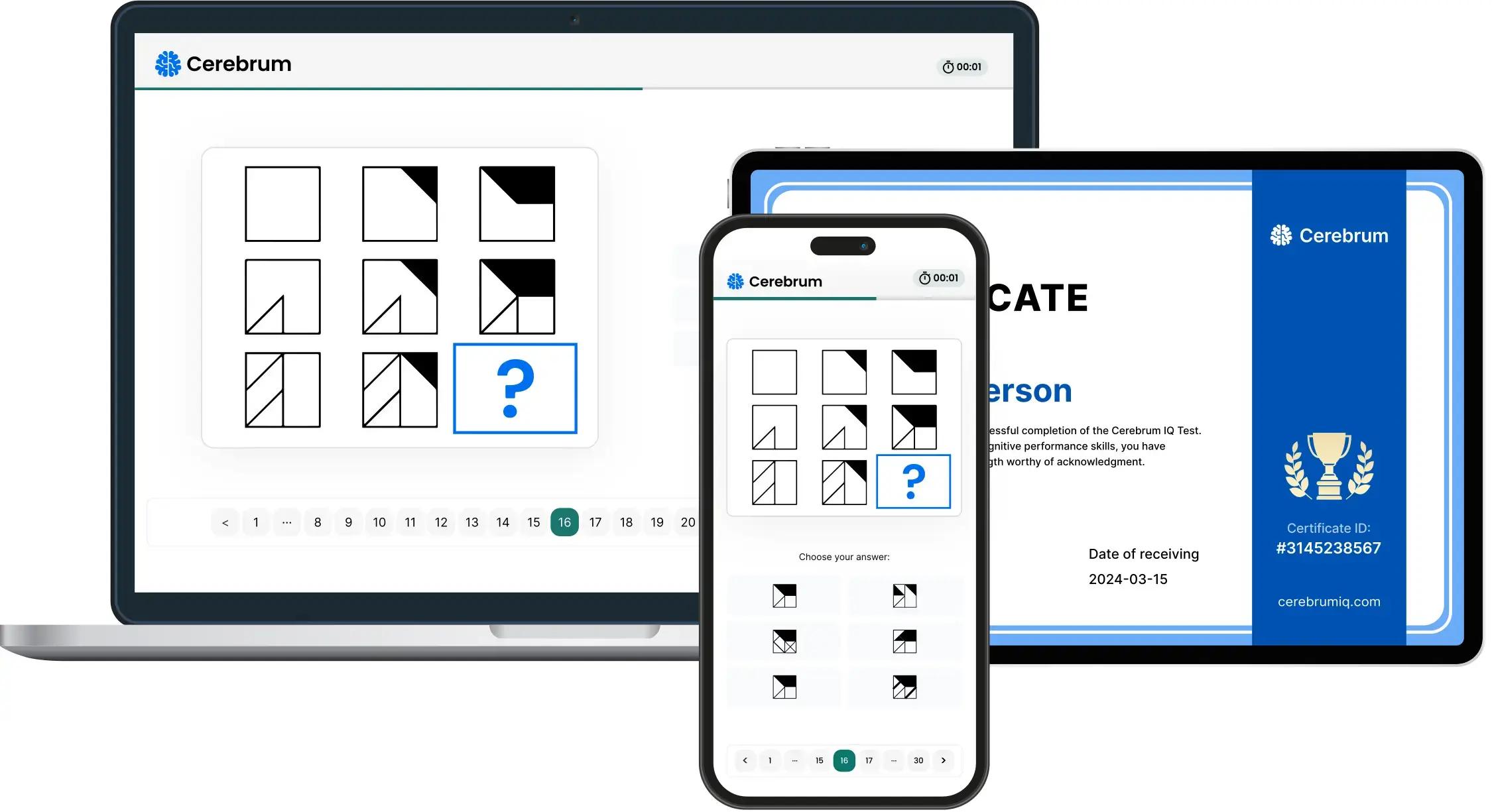 Teste de QI exibido em dispositivos móveis, tablet e computador